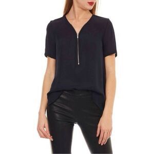 The Kooples Short Sleeve Blouse Size Medium Black Silk Zip Front